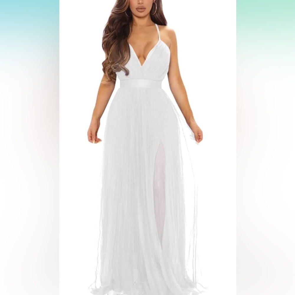 Women White Deep V Neck Split Cocktail Party Formal Bridesmaid Maxi Dress M